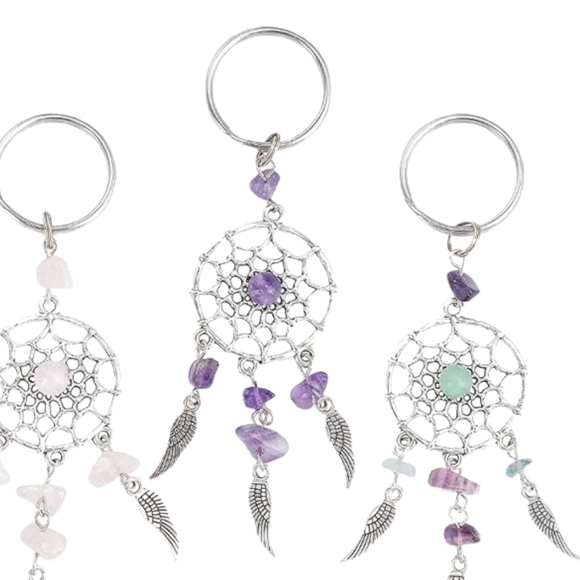 Dreamcatcher Keychain Crystal Glass Gemstone Feathers Silver Keyring Purple NEW - Picture 2 of 10